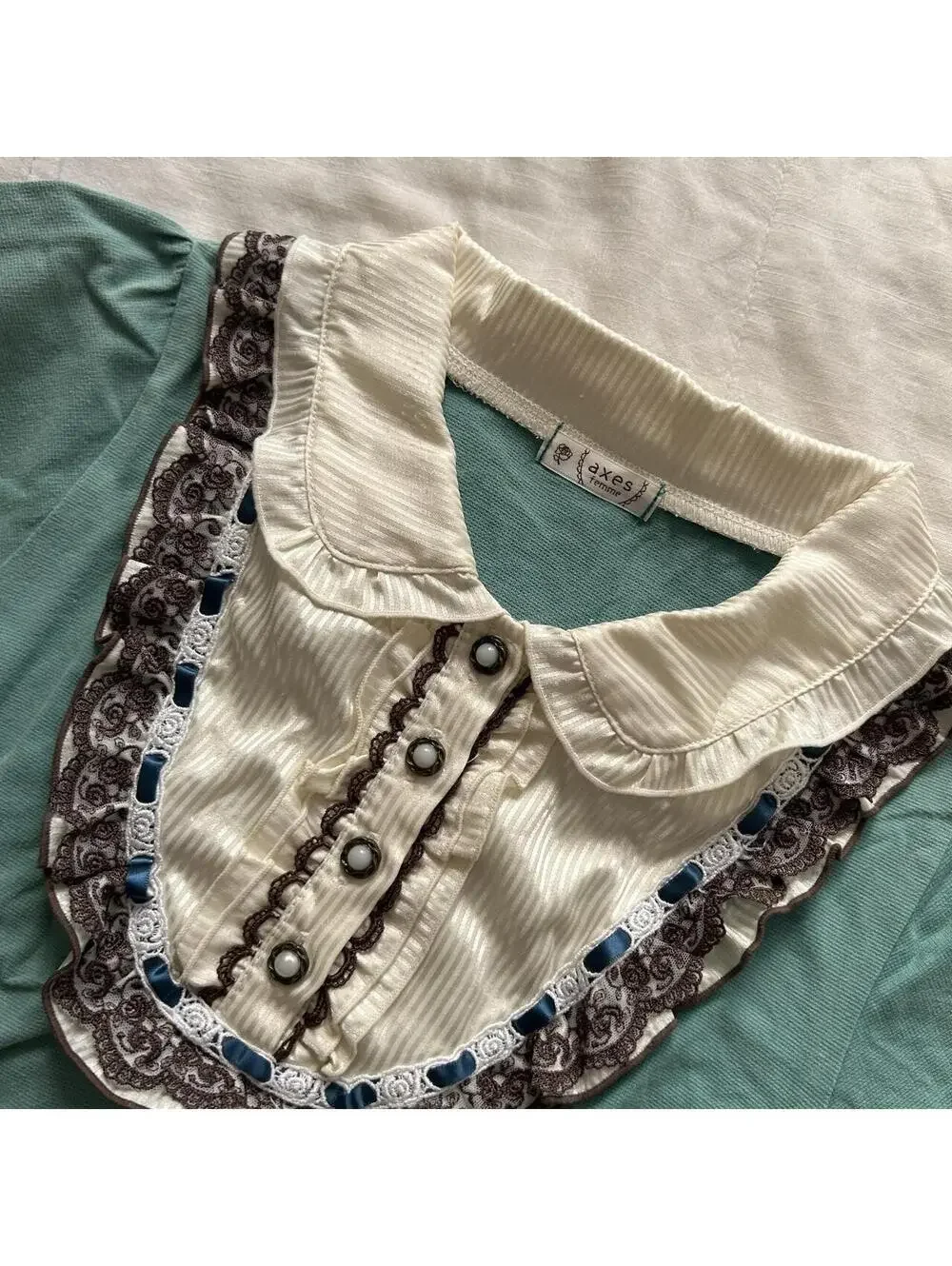 Axes Femme Teal Green Lace Bib Peter Pan Collar Top Medium Japan